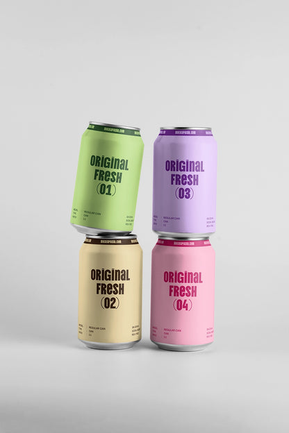 Set of 4 blank drink cans mockup stacked layout soft shadow clean white background branding presentation