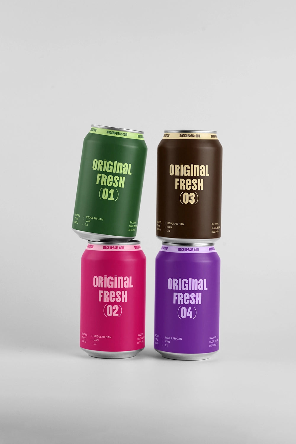 Aluminum can mockup collection four cans creative stack arrangement PSD packaging template modern style