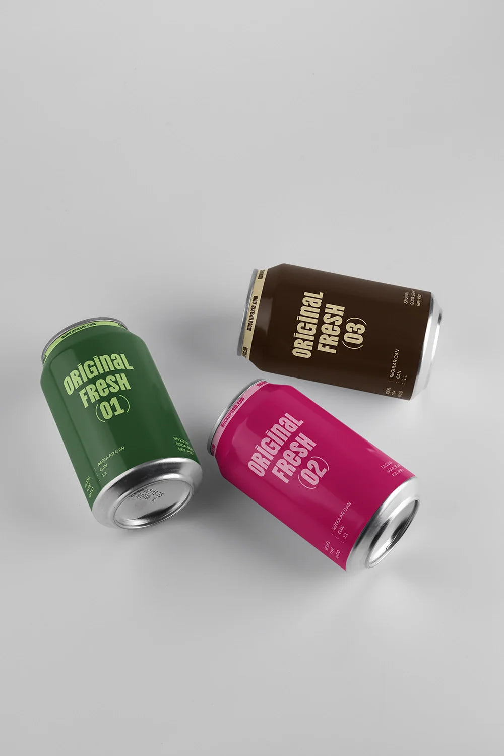 Aluminum can mockup set three cans dynamic top angle composition PSD packaging template modern style