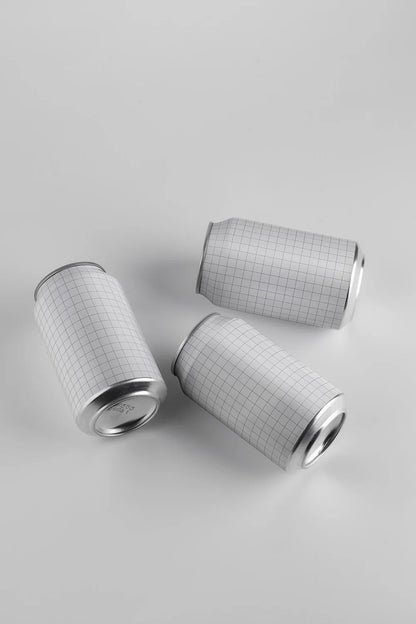 Aluminum can mockup set three cans dynamic top angle composition PSD packaging template modern style