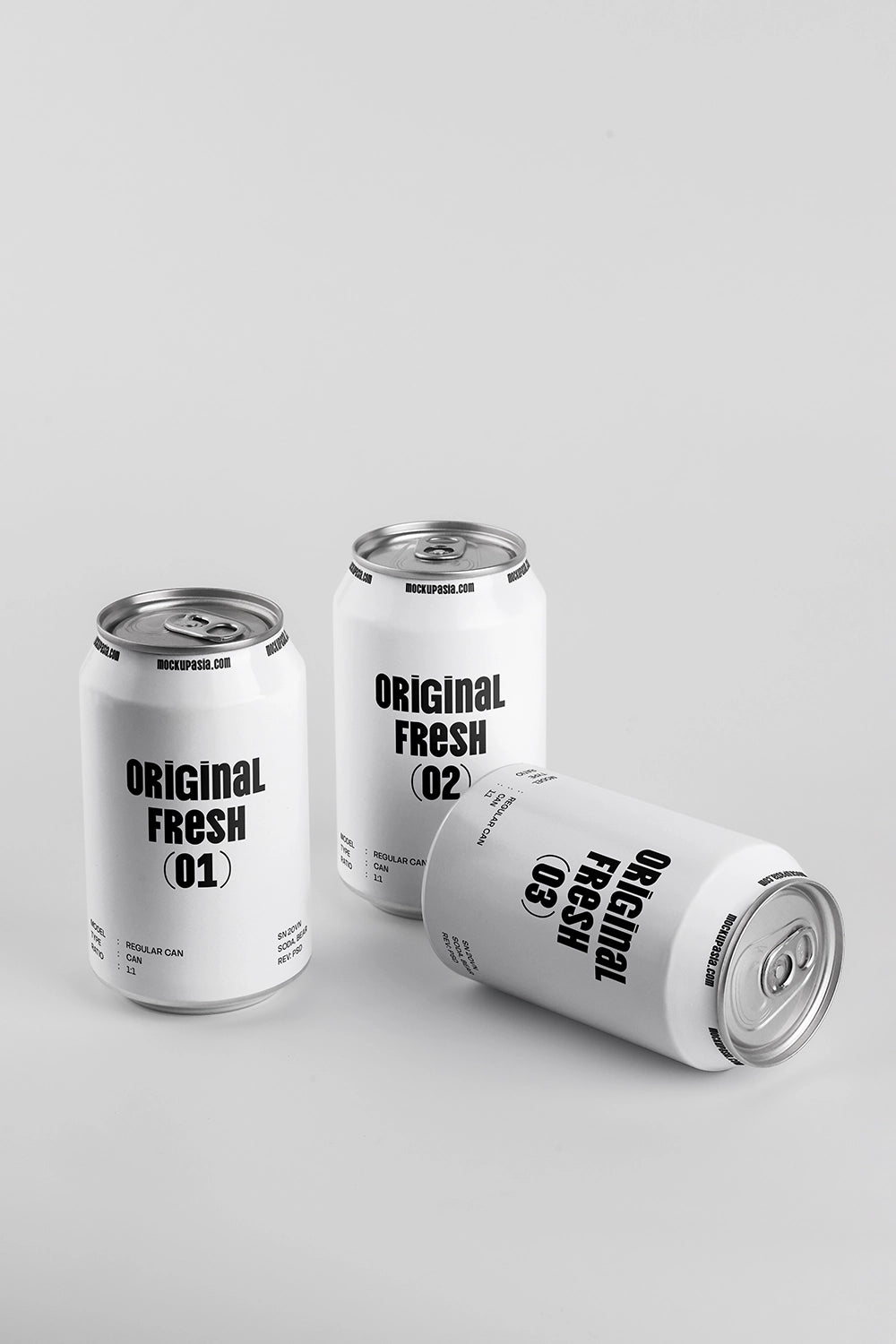 Three soda cans mockup one lying down realistic aluminum beverage packaging minimal clean background