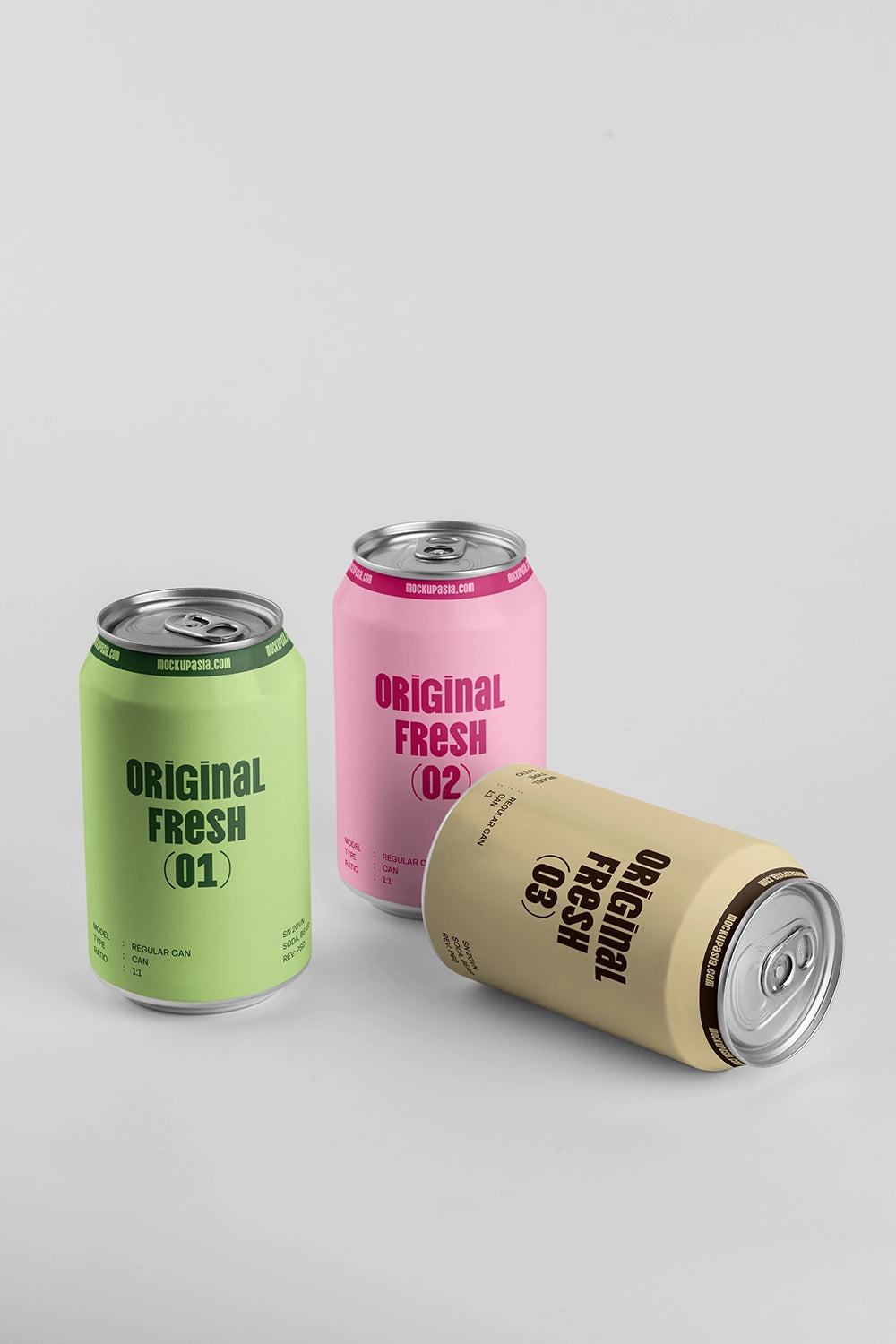 Blank drink cans mockup trio with one horizontal can soft shadow branding presentation template