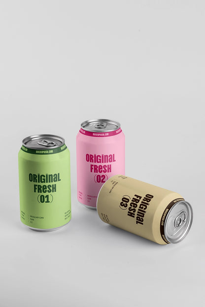Blank drink cans mockup trio with one horizontal can soft shadow branding presentation template