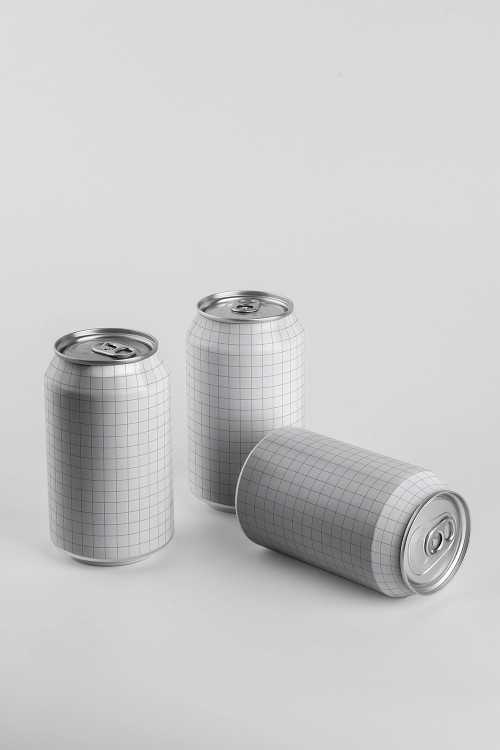 Aluminum can mockup set three cans mixed positions standing and lying PSD packaging design