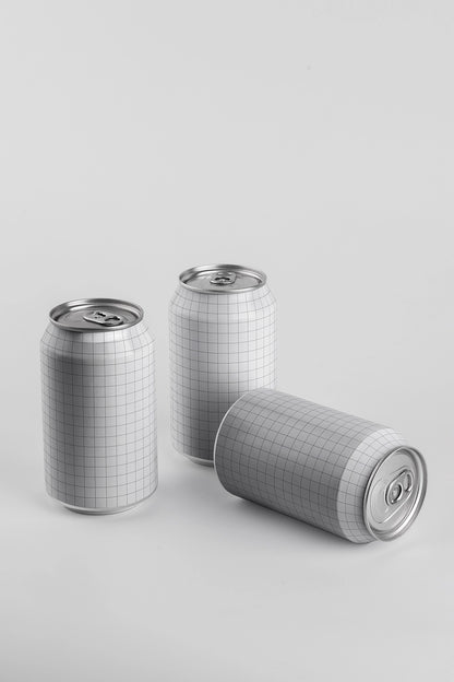 Aluminum can mockup set three cans mixed positions standing and lying PSD packaging design
