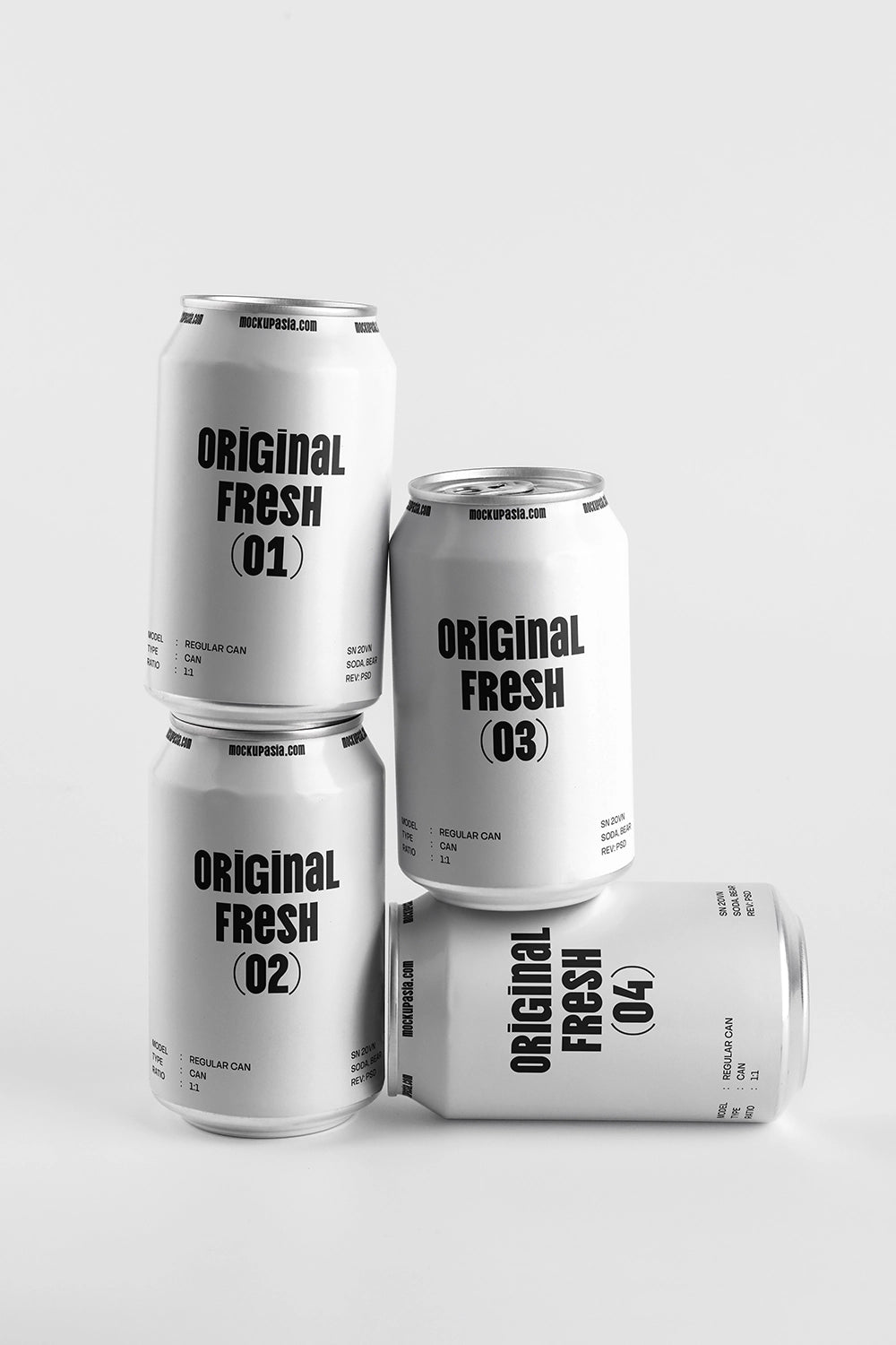 Four soda cans mockup stacked and one lying aluminum beverage packaging realistic minimal design