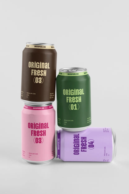 Blank drink cans mockup set of 4 mixed layout stacked and horizontal soft shadow clean background