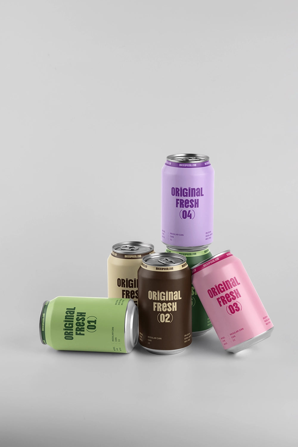 Colorful soda cans mockup stacked composition multiple aluminum beverage packaging realistic design