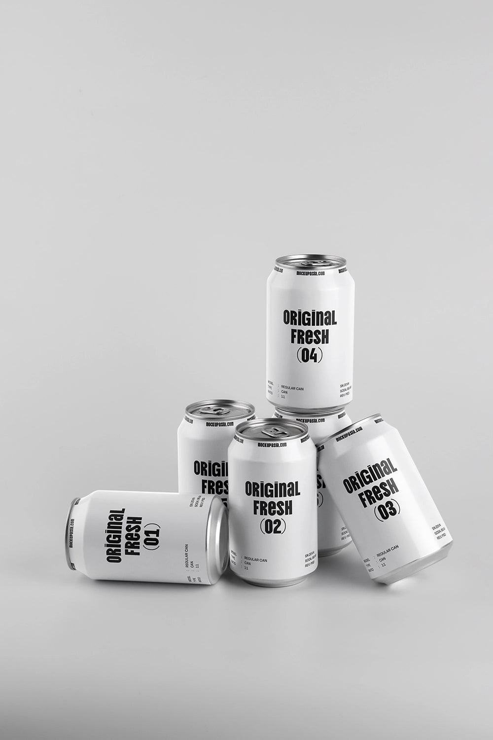 Set of 5 colored drink cans mockup stacked and lying soft shadow clean background branding template
