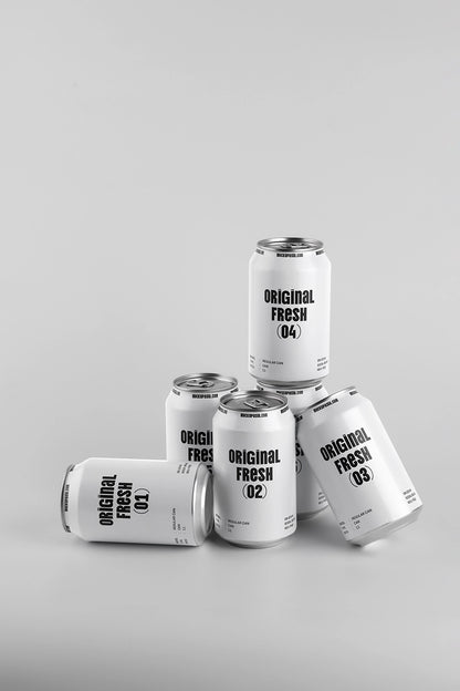 Set of 5 colored drink cans mockup stacked and lying soft shadow clean background branding template