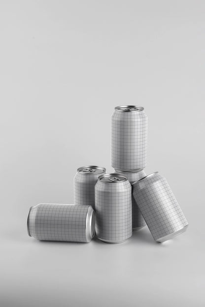 Aluminum can mockup collection colorful beverage cans dynamic layout PSD packaging presentation