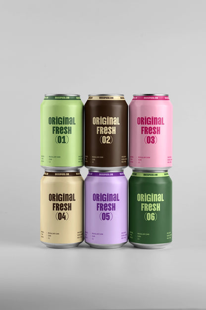 Six soda cans mockup colorful grid layout aluminum beverage packaging realistic minimal design