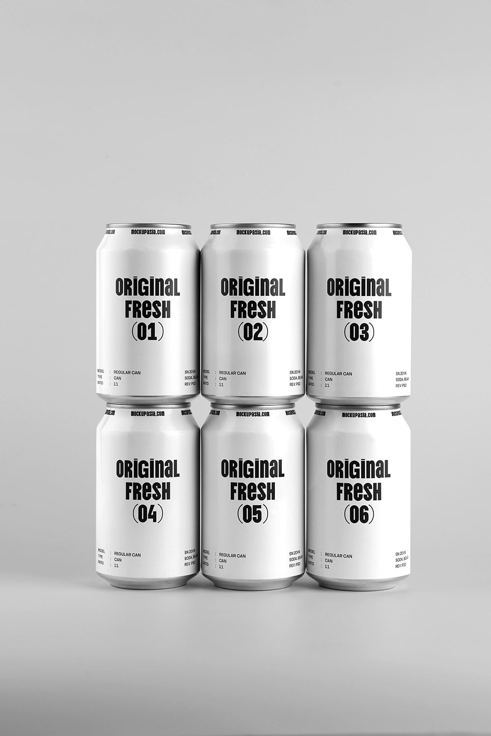 Set of 6 colored drink cans mockup front view aligned composition clean background branding template