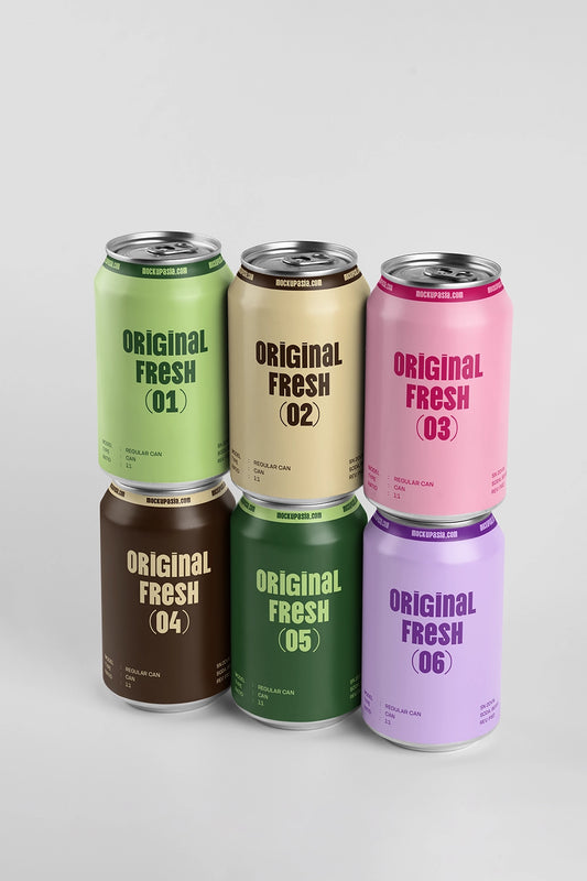 Six colorful soda cans mockup stacked arrangement aluminum beverage packaging realistic design