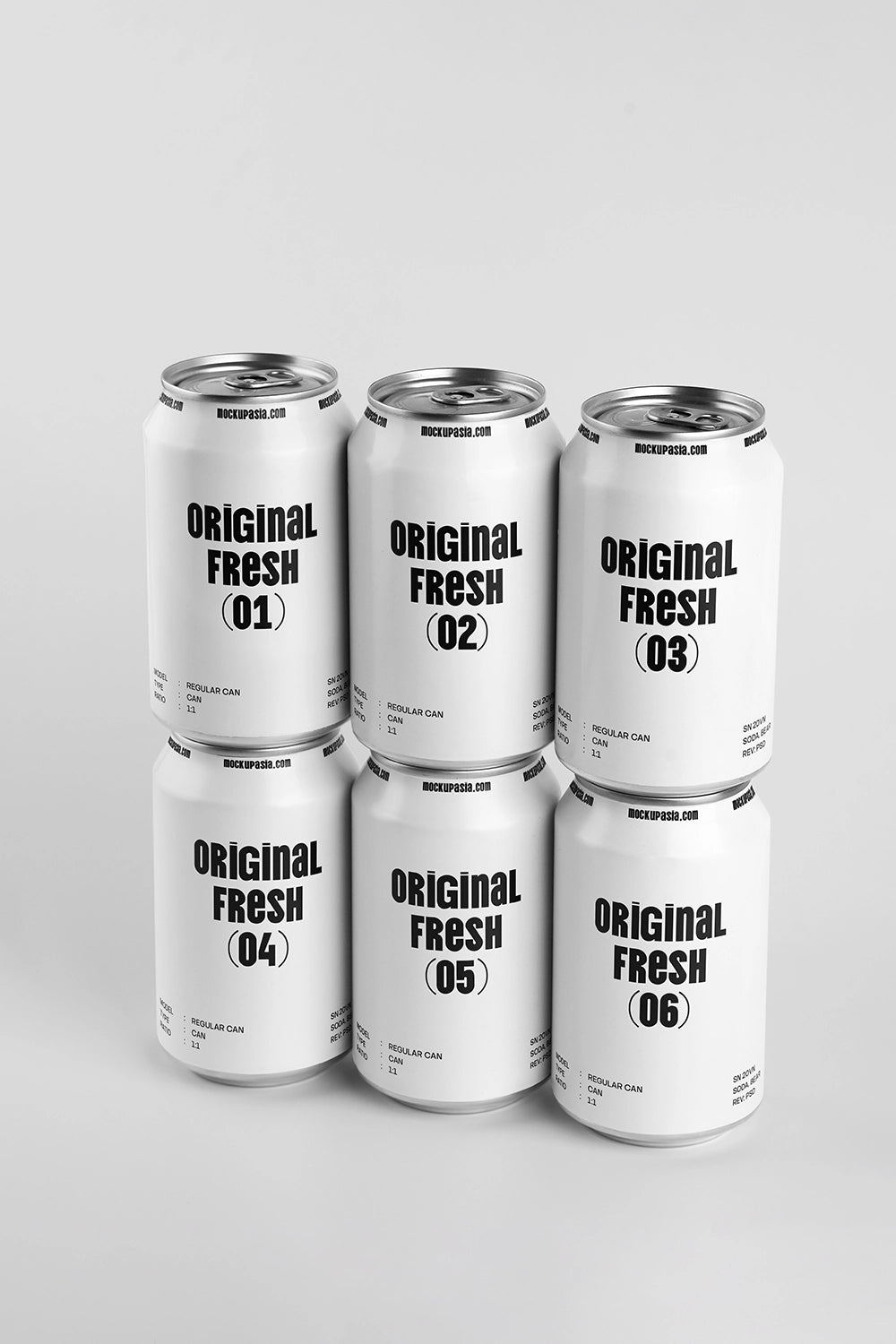 Set of 6 drink cans mockup two row stack composition soft shadow clean background branding template