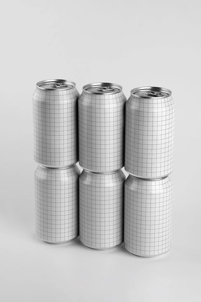 Aluminum can mockup collection six cans multi color stacked layout PSD packaging presentation
