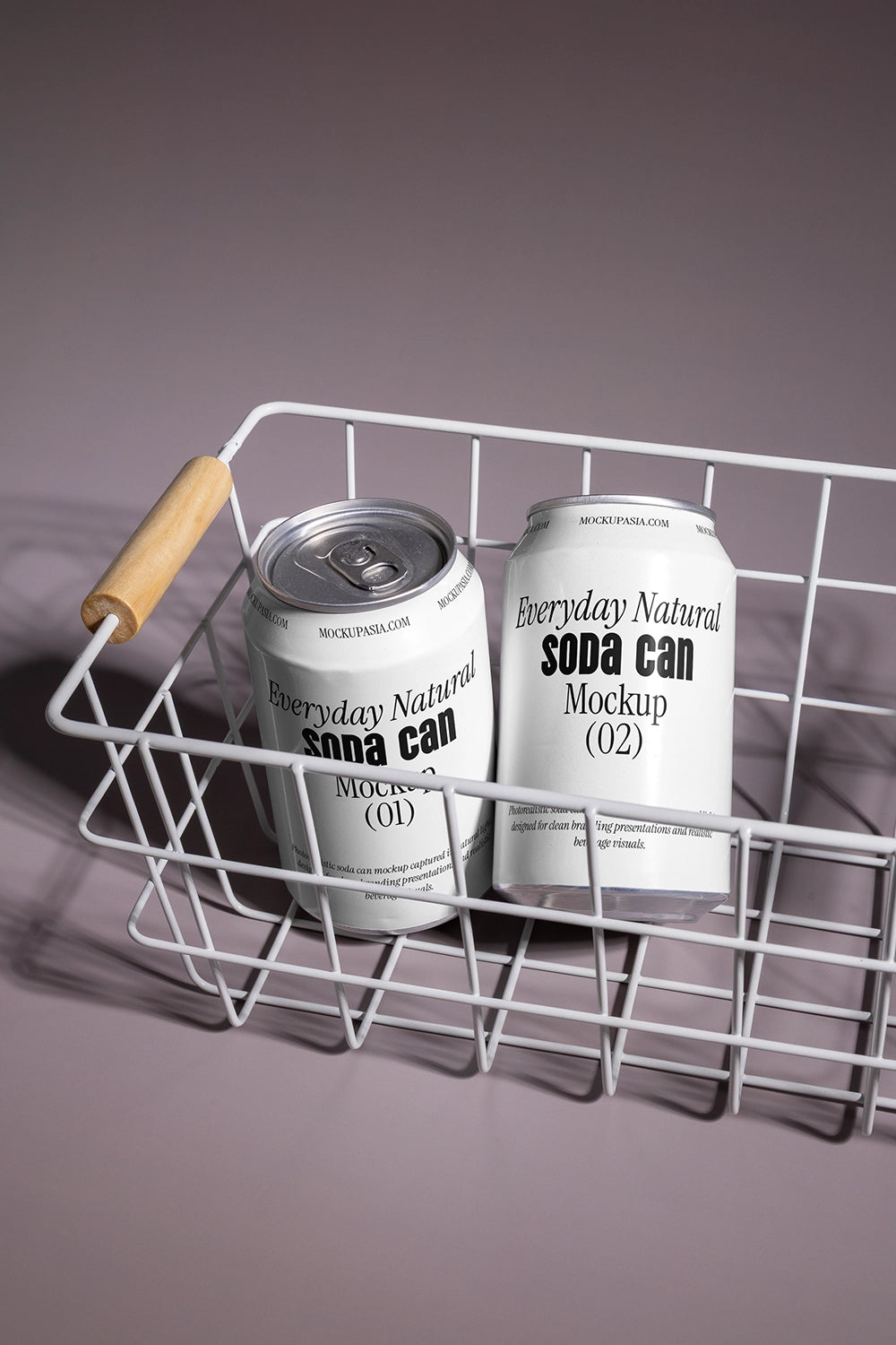 Two soda cans mockup in wire basket close view aluminum beverage packaging lifestyle scene