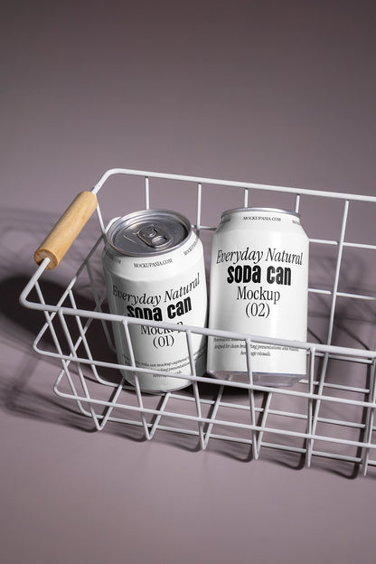 Two soda cans mockup in wire basket close view aluminum beverage packaging lifestyle scene