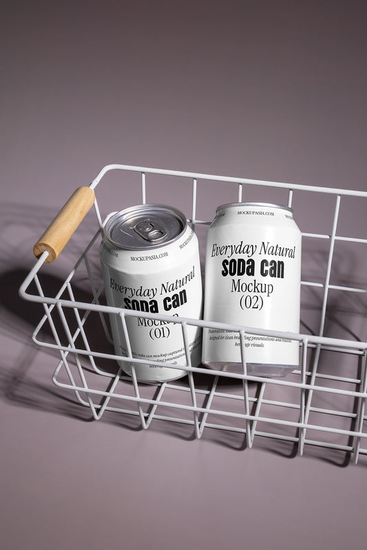 Two soda cans mockup in wire basket close view aluminum beverage packaging lifestyle scene