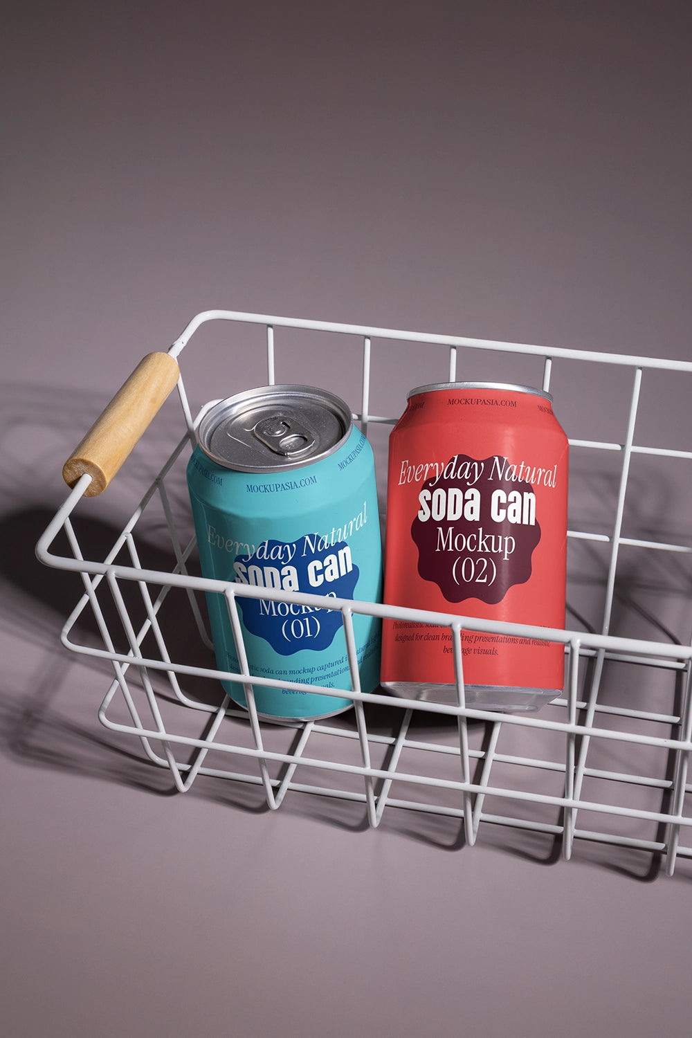 Drink cans mockup pair inside metal basket soft shadow natural light branding presentation template