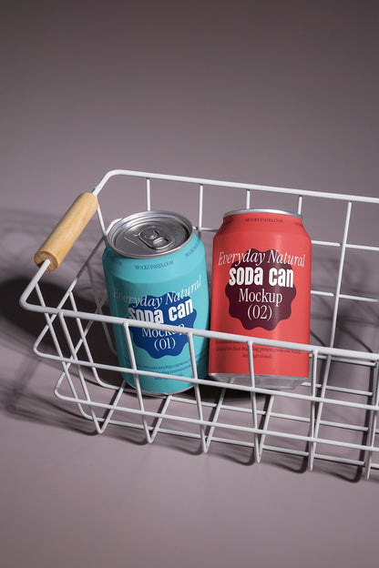 Drink cans mockup pair inside metal basket soft shadow natural light branding presentation template