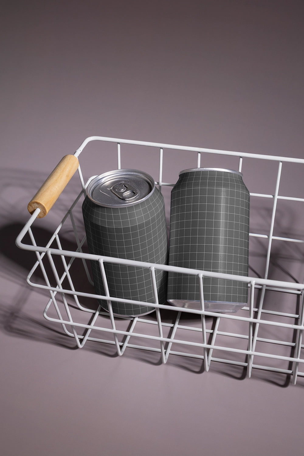 Aluminum soda can mockup two cans in basket angled composition realistic lifestyle packaging PSD