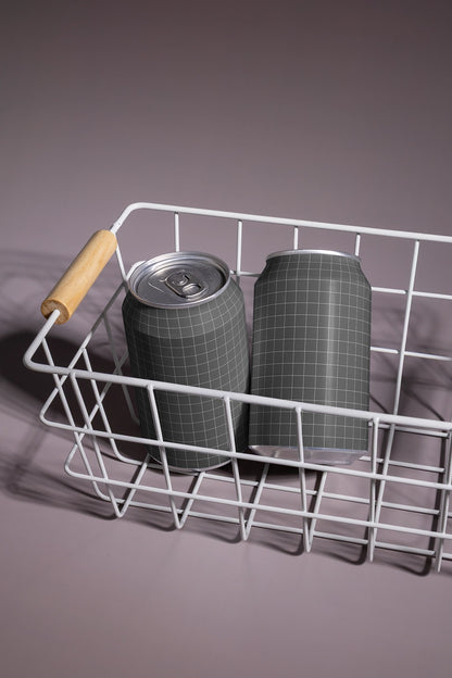 Aluminum soda can mockup two cans in basket angled composition realistic lifestyle packaging PSD