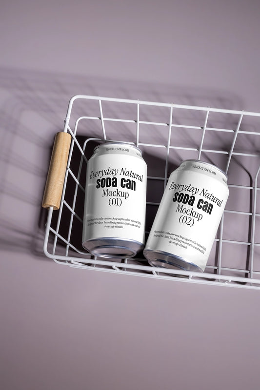 Two soda cans mockup in wire basket top angle aluminum beverage packaging lifestyle scene