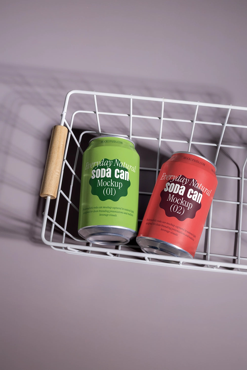 Drink cans mockup pair in metal basket soft shadow natural lighting clean background branding template