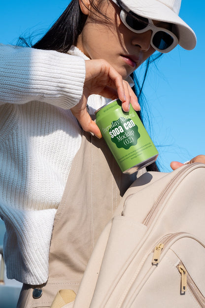Drink can mockup in hand with backpack natural light lifestyle branding presentation template