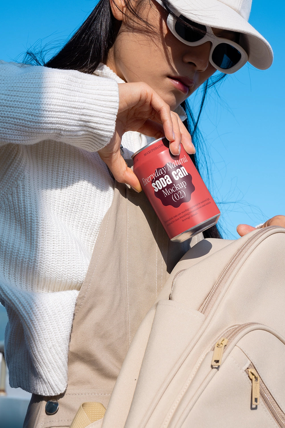 Aluminum soda can mockup handheld outdoor realistic on the go beverage packaging PSD