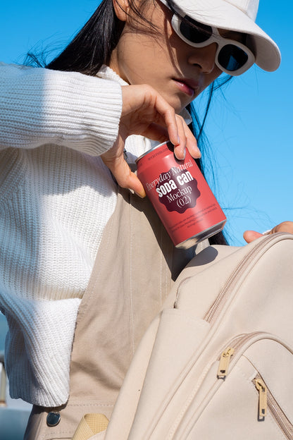 Aluminum soda can mockup handheld outdoor realistic on the go beverage packaging PSD