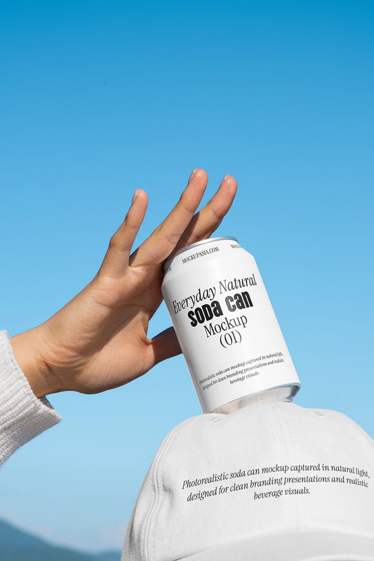 Hand holding soda can mockup against blue sky minimal outdoor lifestyle beverage packaging