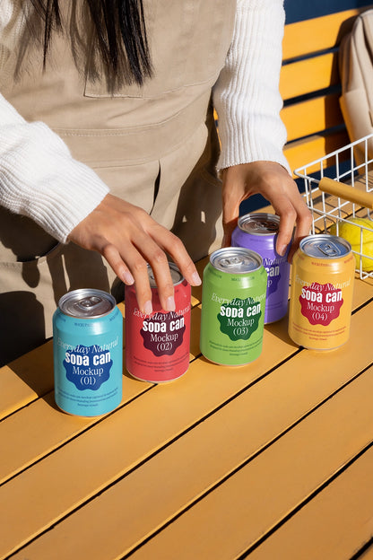 Colorful soda cans mockup on table outdoor lifestyle scene hands arranging beverage packaging