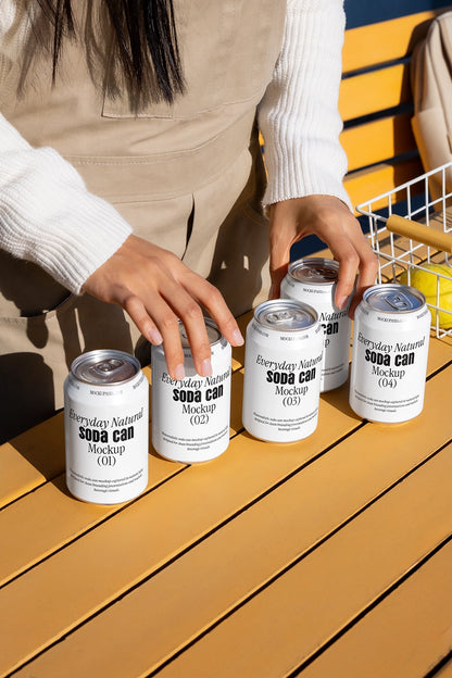Set of drink cans mockup with hands interaction natural light branding presentation template