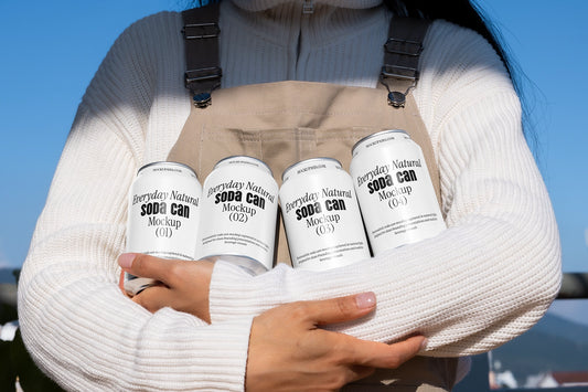 Drink cans mockup set in arms natural light lifestyle branding presentation template