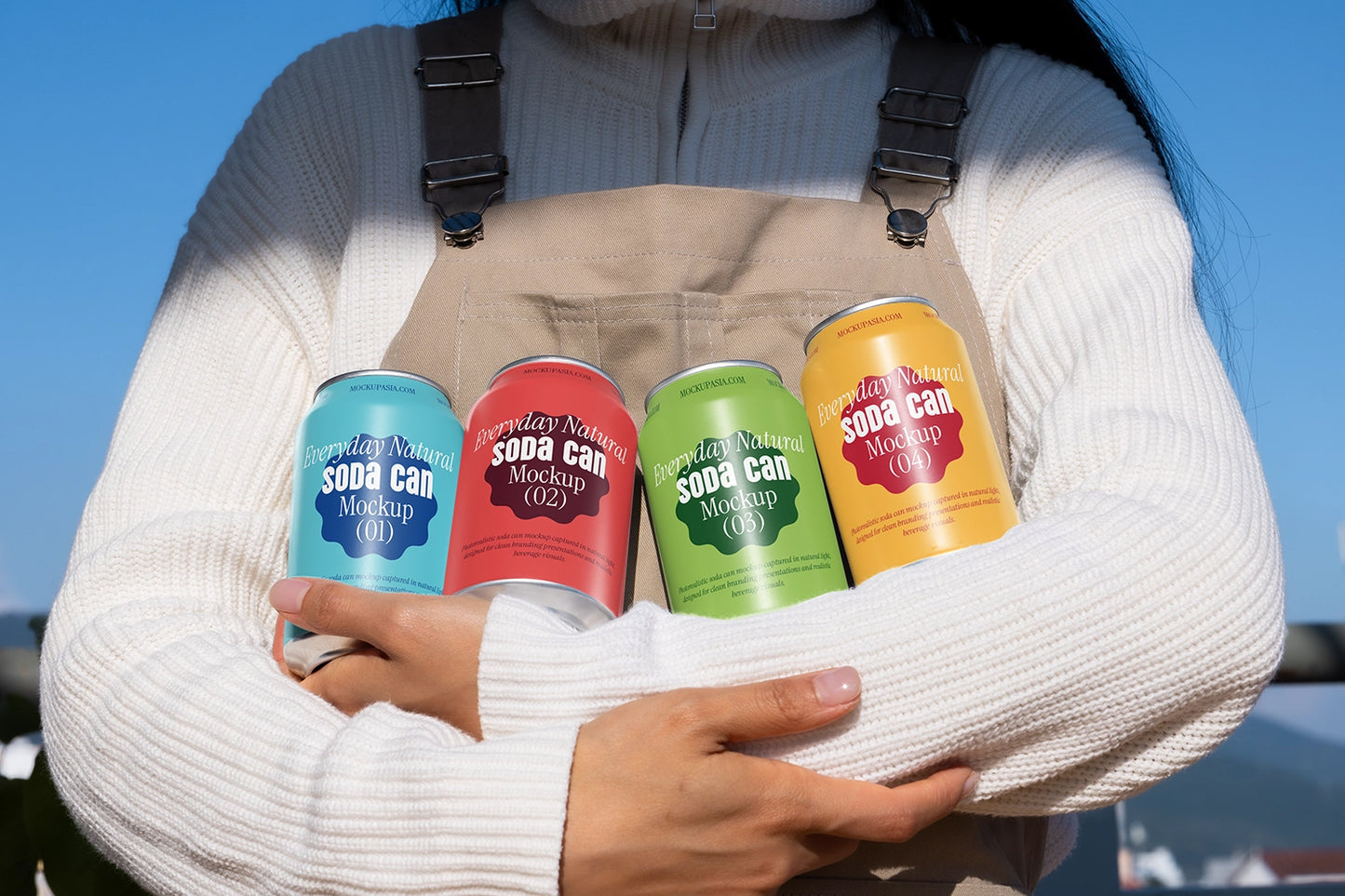 Aluminum soda can mockup collection handheld outdoor realistic packaging PSD presentation