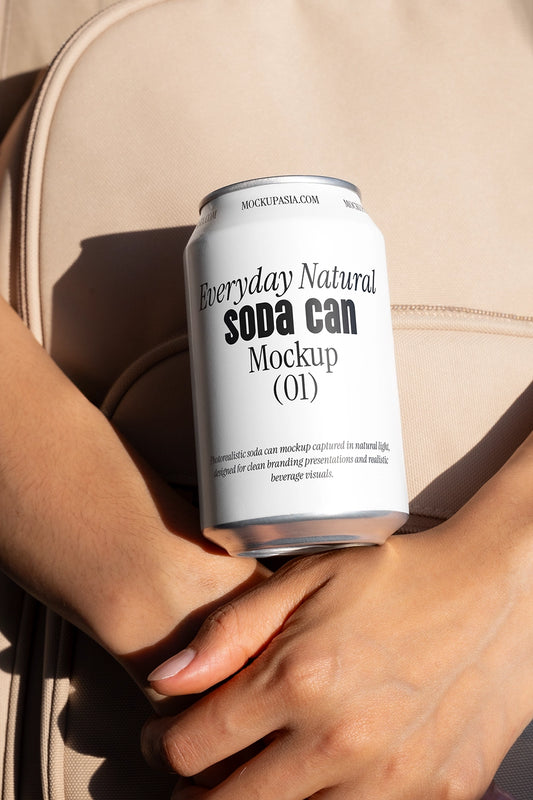 Soda can mockup held in hands close up outdoor lifestyle aluminum beverage packaging scene
