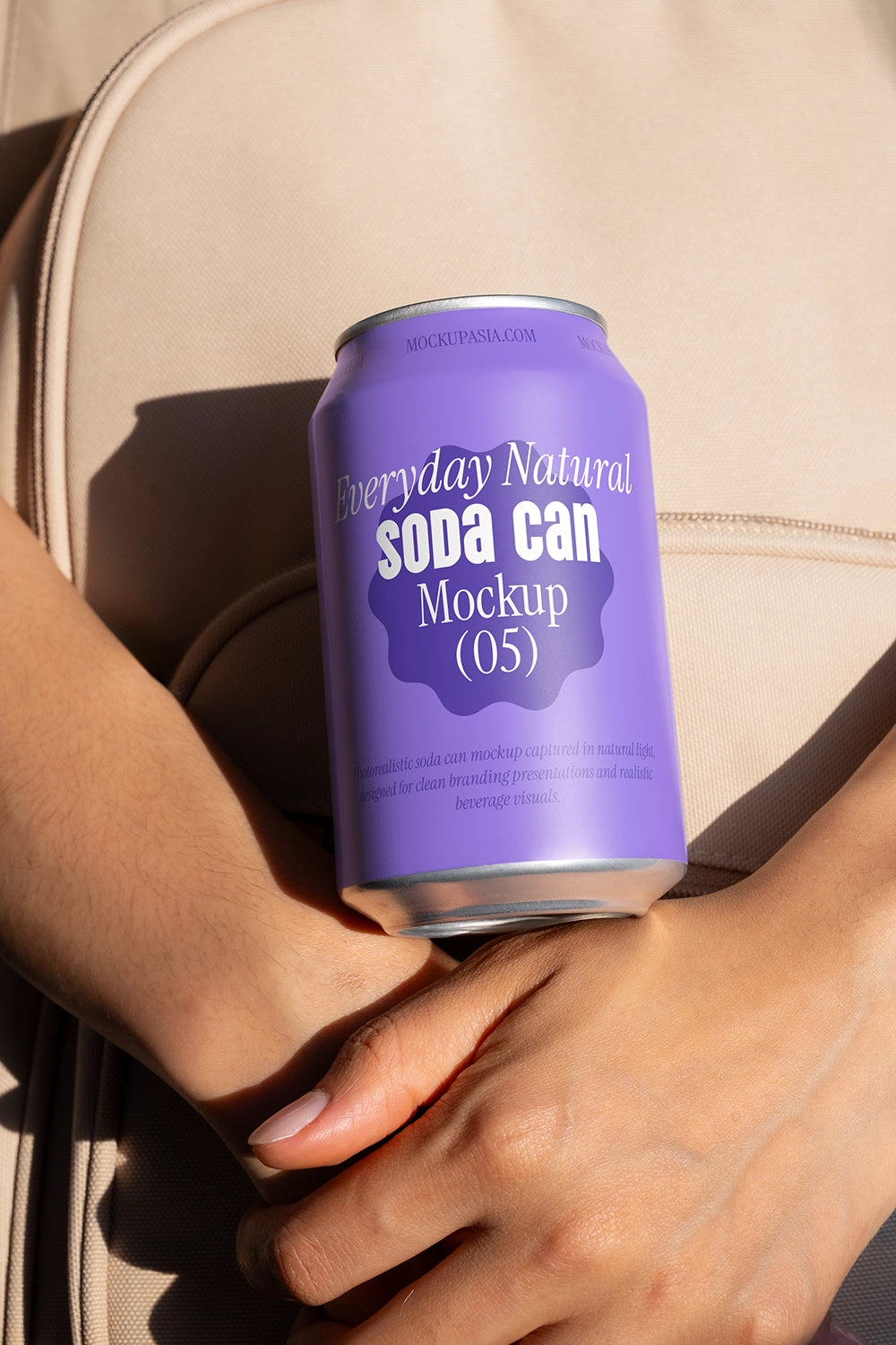 Aluminum soda can mockup handheld close view realistic lifestyle packaging PSD