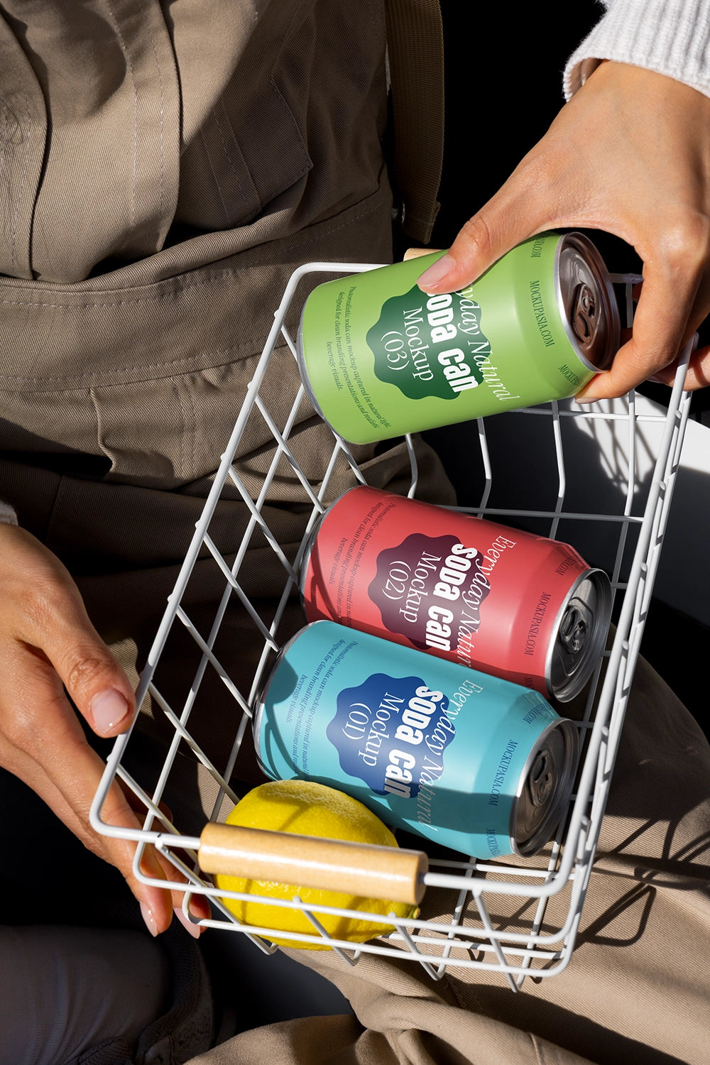 Close-up of a 330ml soda can mockup with realistic silver finish and detailed label design on a white background.