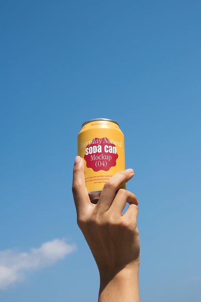 Aluminum soda can mockup handheld with sky backdrop realistic outdoor packaging PSD