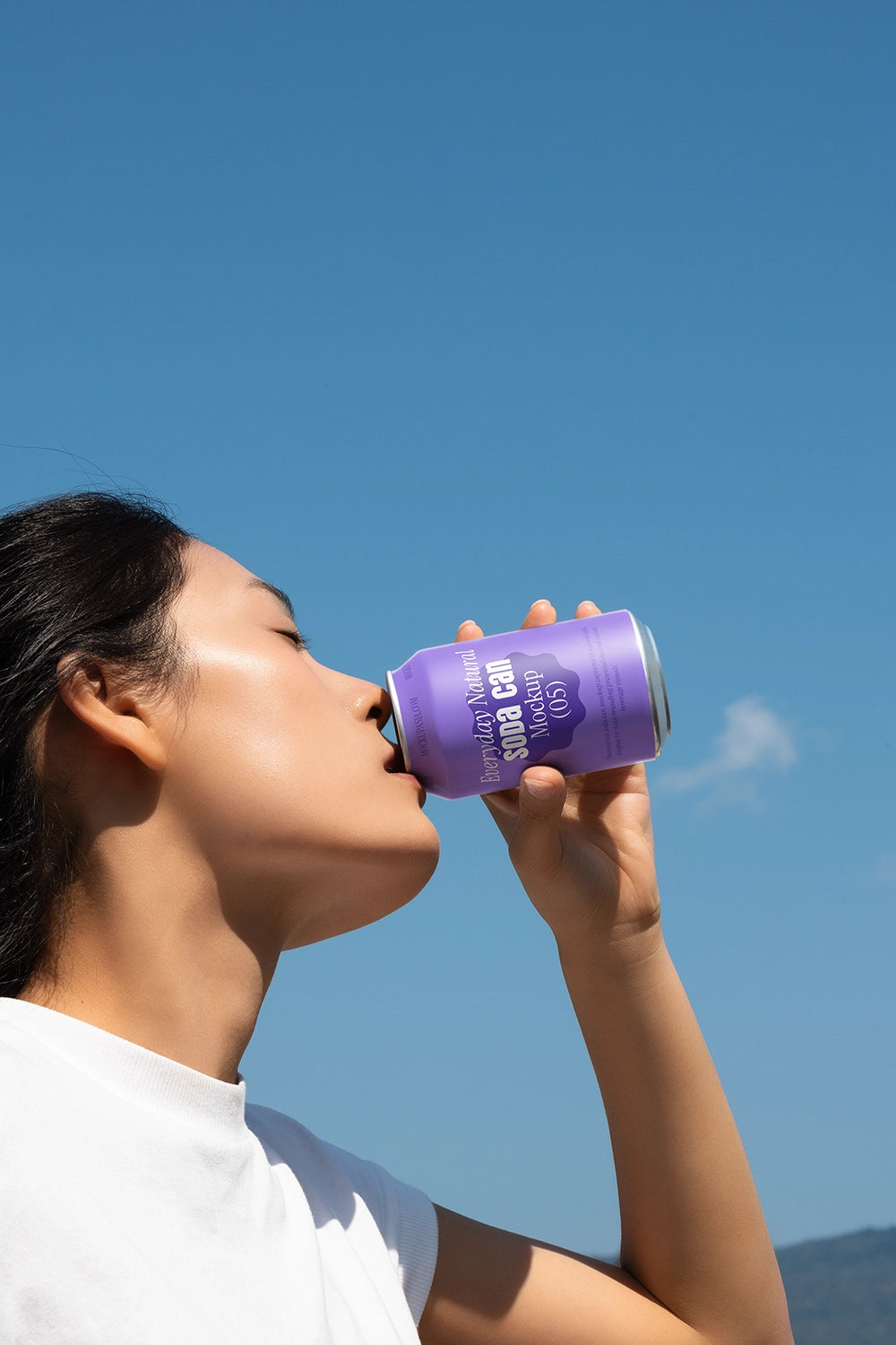 Aluminum soda can mockup drinking action realistic outdoor beverage packaging PSD