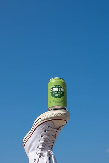 Aluminum soda can mockup on sneaker sole realistic outdoor creative packaging PSD