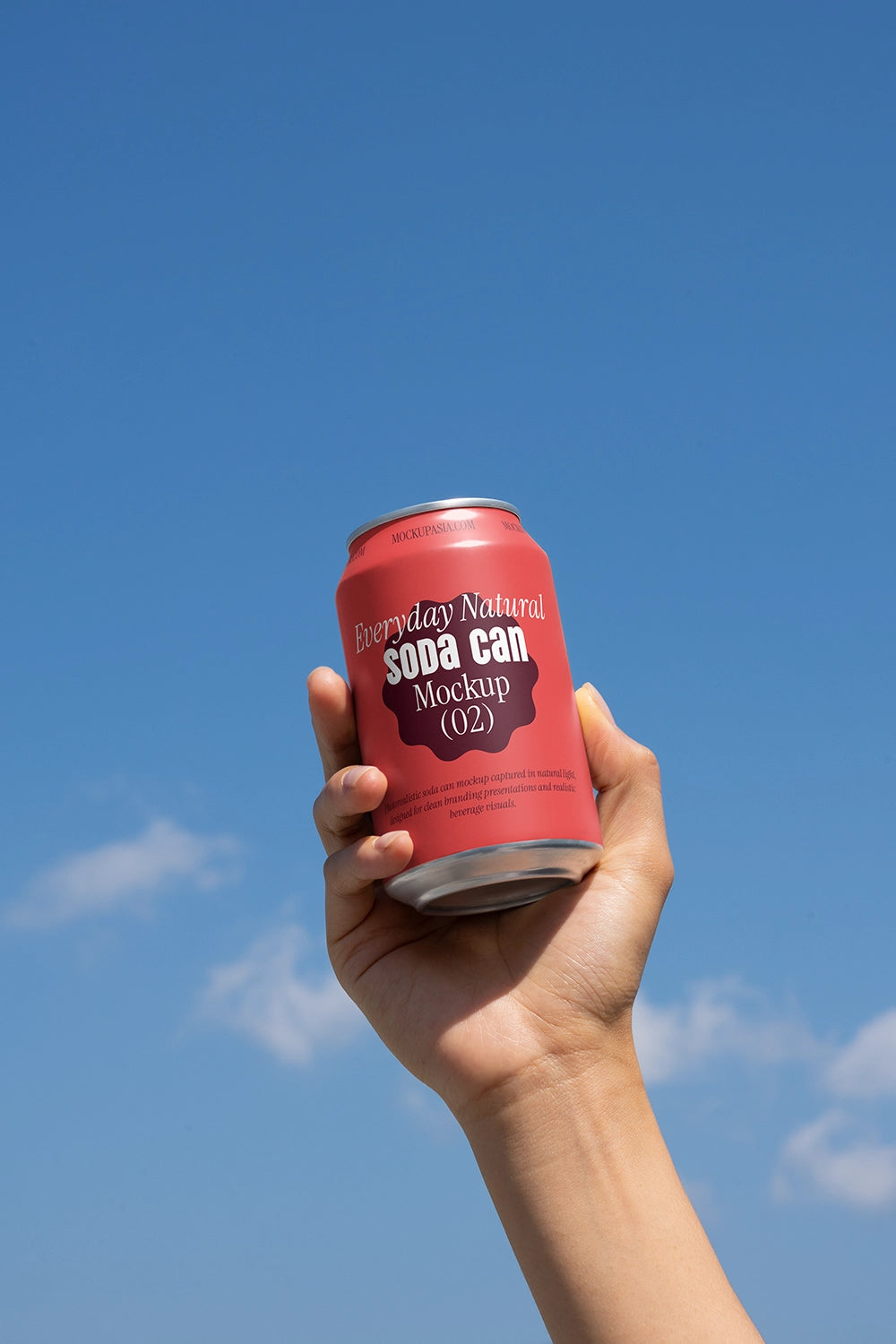 Aluminum soda can mockup blue design handheld realistic outdoor packaging PSD