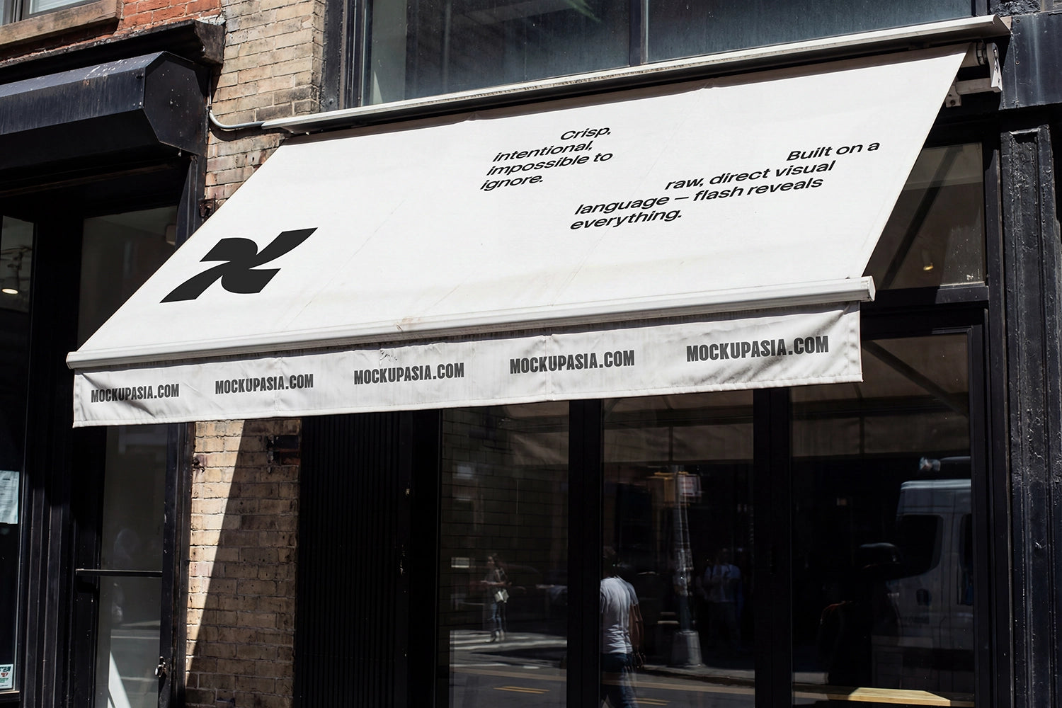 store awning mockup outdoor cafe canopy branding with high contrast flash lighting