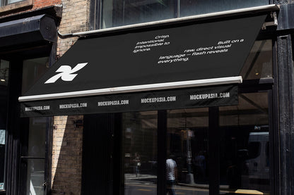 storefront awning mockup with fabric canopy and bold shadows for retail branding