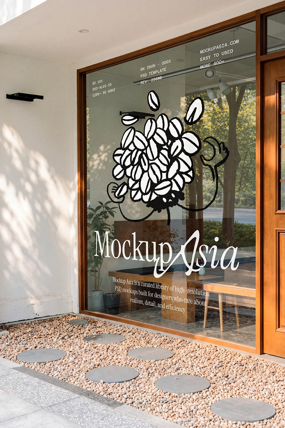 Storefront window decal mockup PSD on café glass front