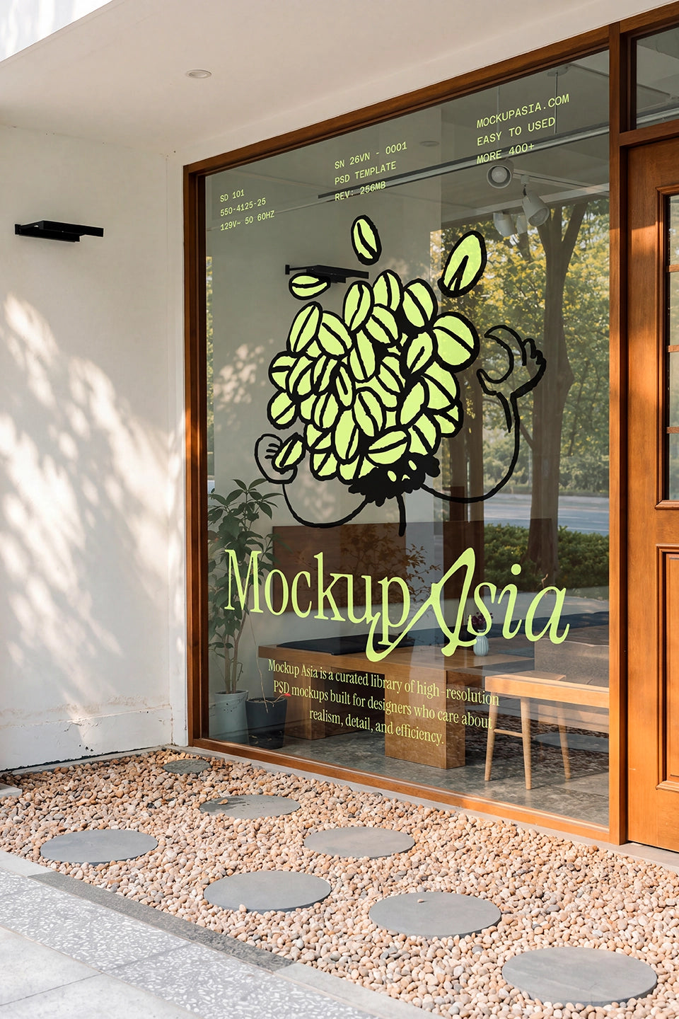 Café window graphics mockup with logo and illustration on glass