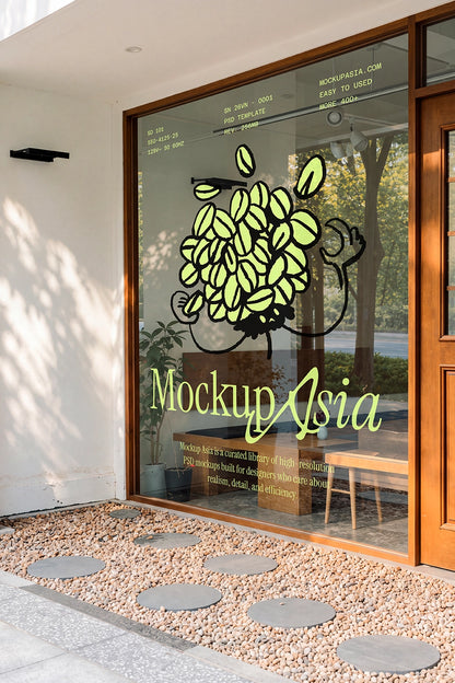 Café window graphics mockup with logo and illustration on glass