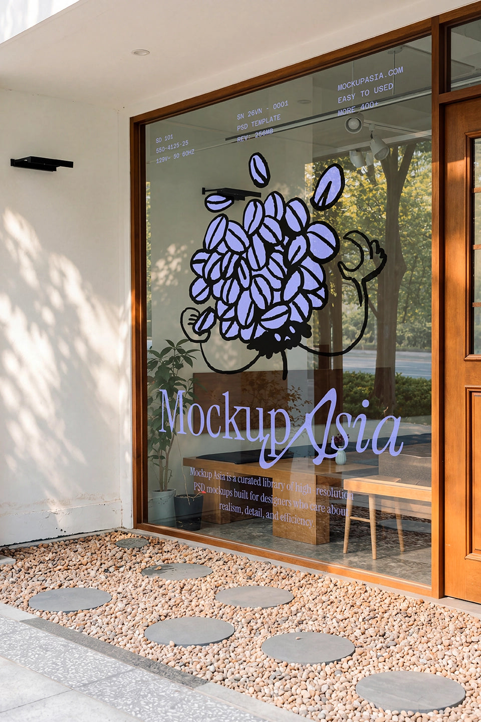 Vinyl window lettering mockup wooden frame storefront film tone